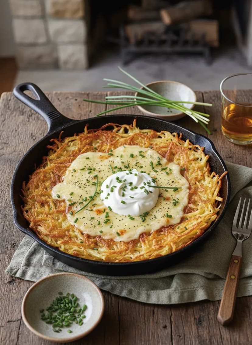 Rösti al estilo suizo con Gruyère y crema agria con cebollino