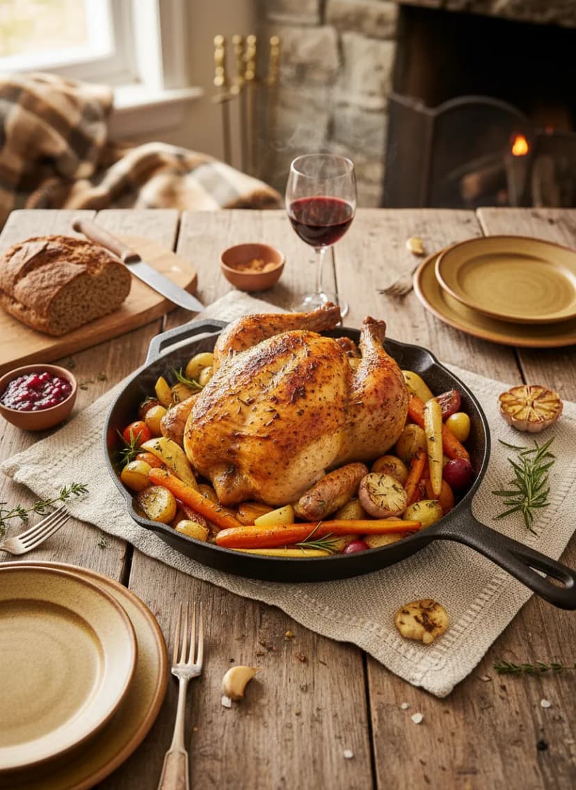 Pollo asado clásico con verduras de raíz