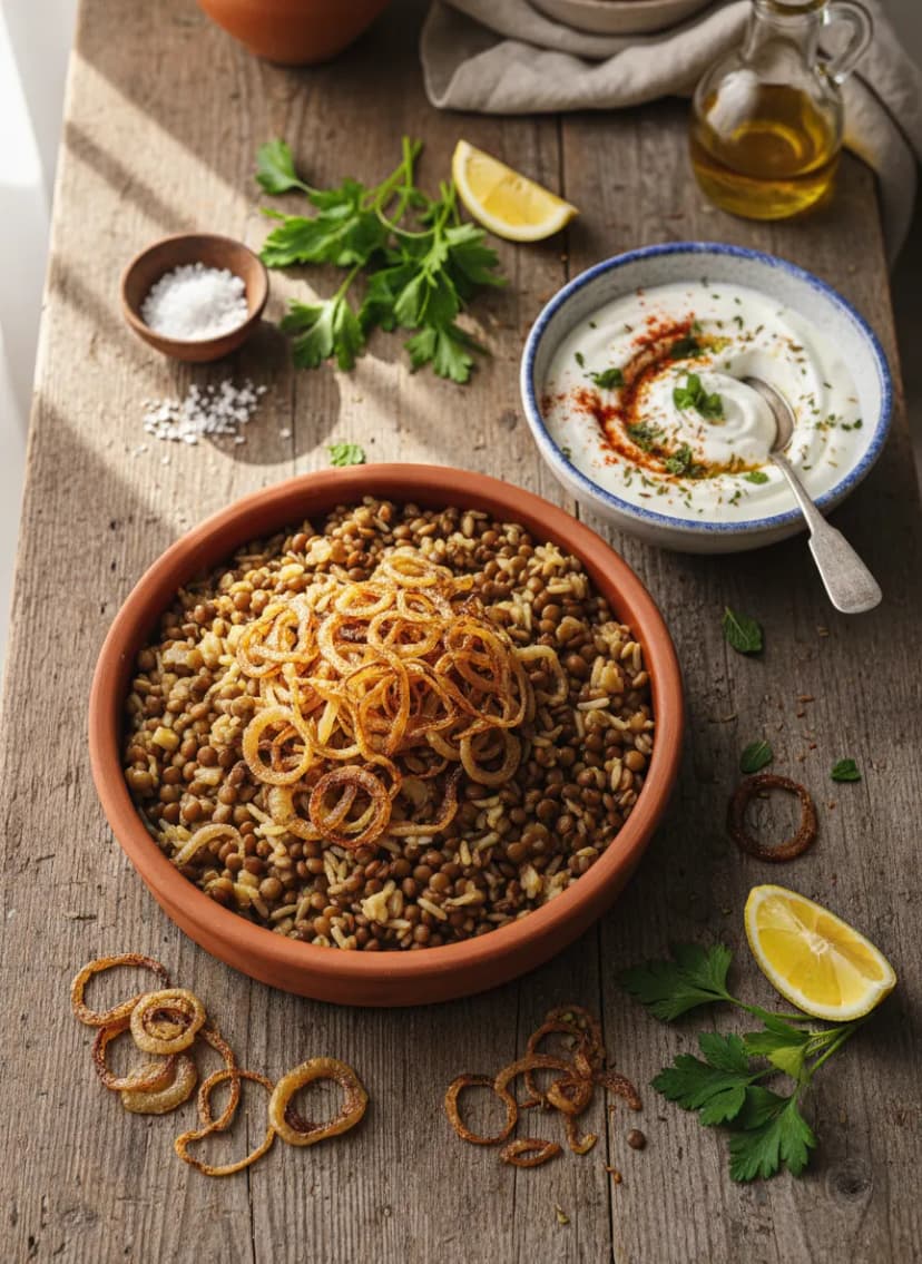 Mujadara de Oriente Medio con yogur especiado
