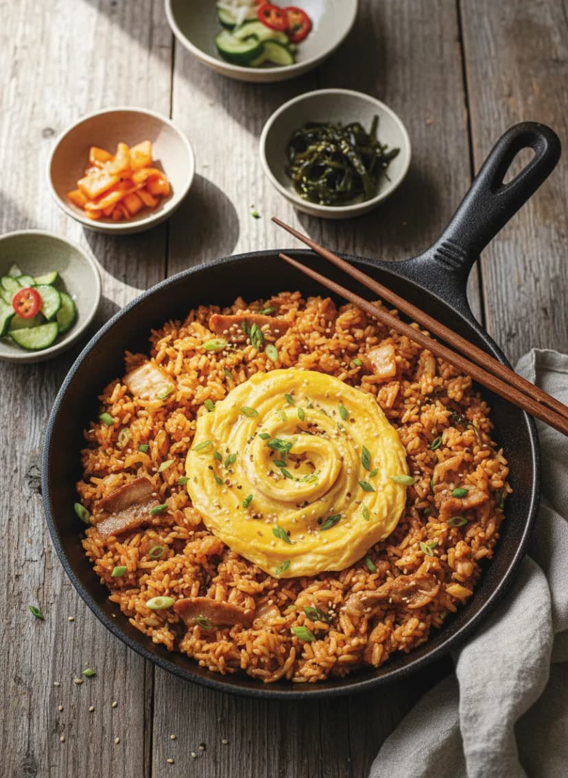 Arroz frito coreano con kimchi y huevos revueltos
