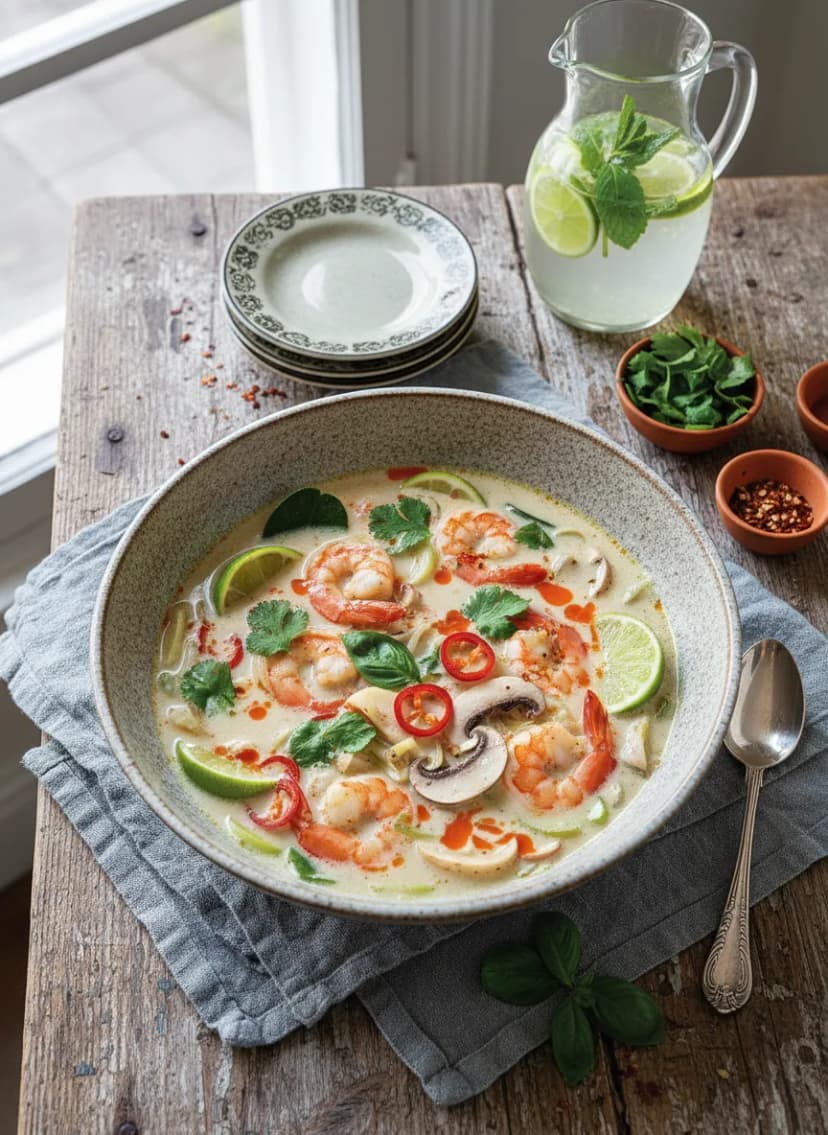 Sopa tailandesa de coco y lima con gambas