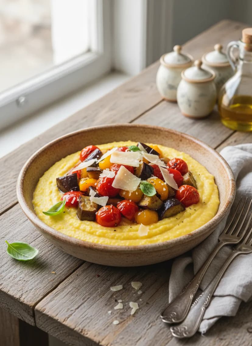 Polenta italiana con verduras mediterráneas al horno
