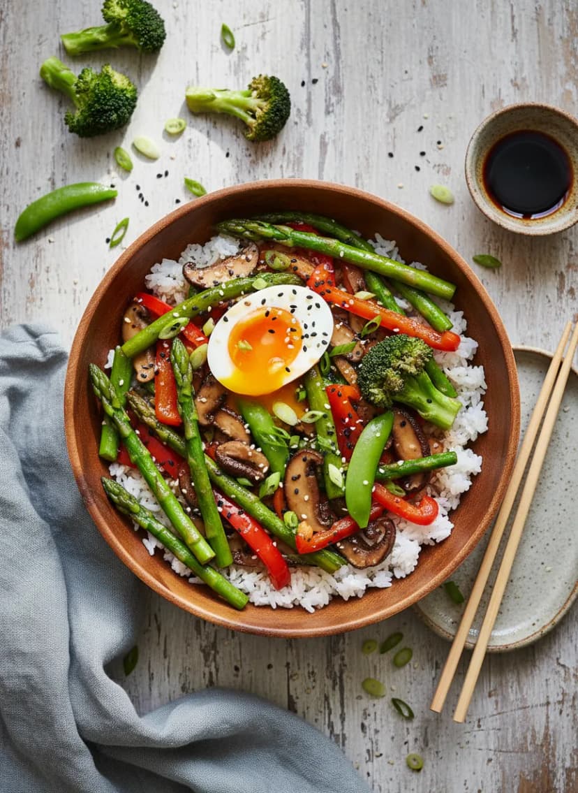Donburi japonés de verduras con huevo