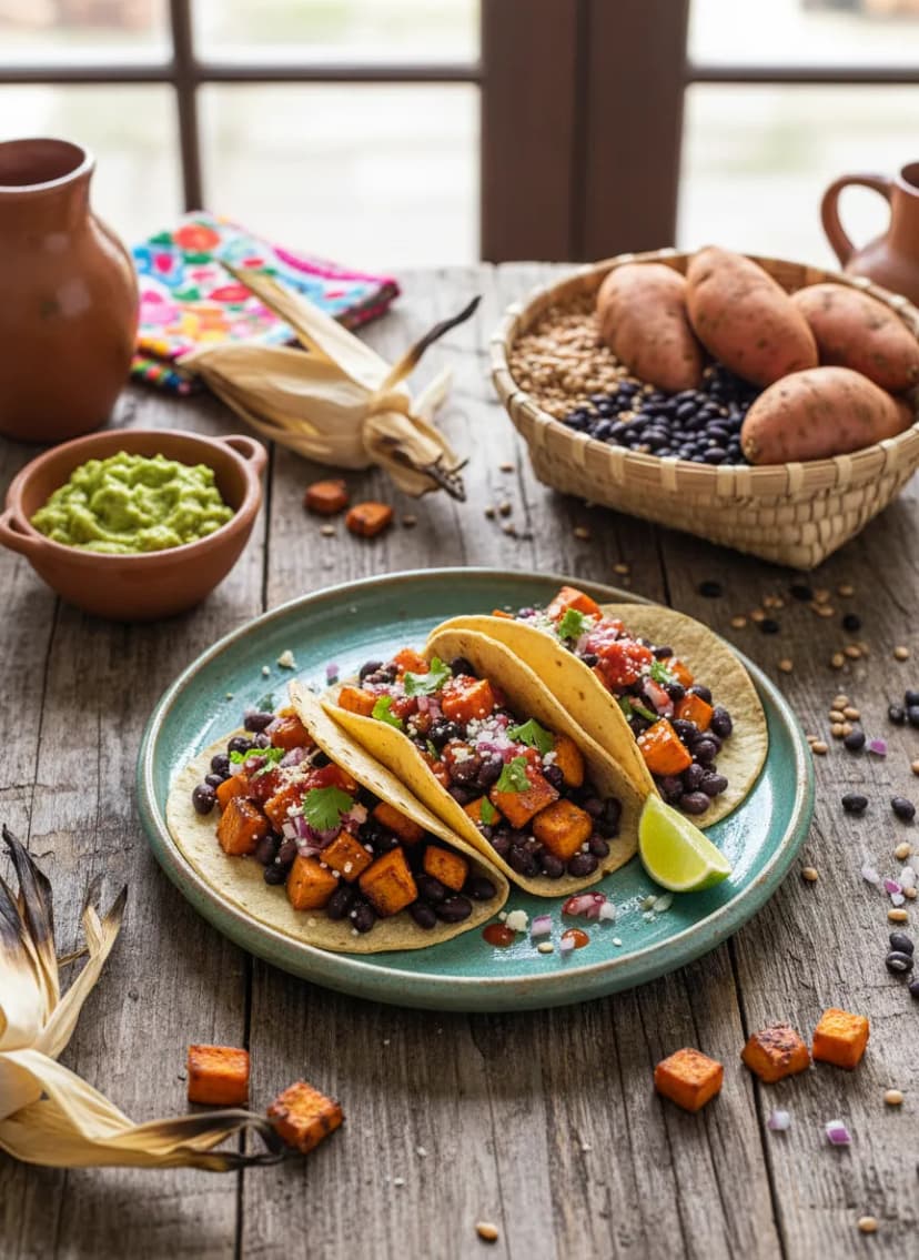 Tacos mexicanos de batata y frijoles negros