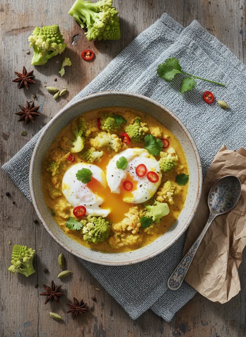 Curry de Romanesco con Huevos Pochados