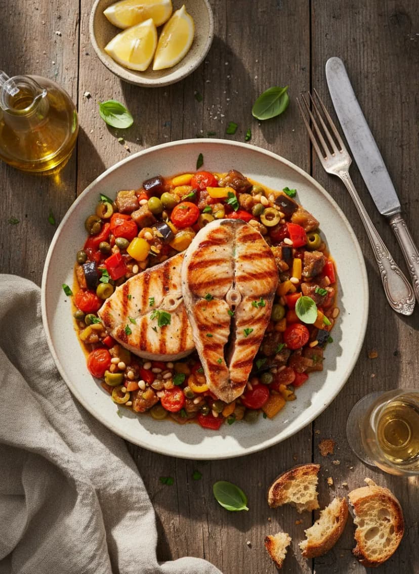 Pez espada siciliano con caponata