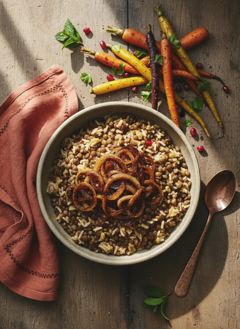 Mujadara de Oriente Medio con zanahorias salteadas