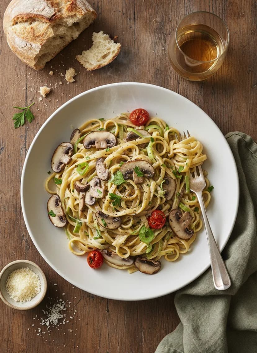 Pasta cremosa de setas y puerro