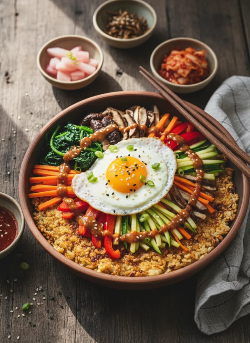 Bibimbap coreano con arroz crujiente