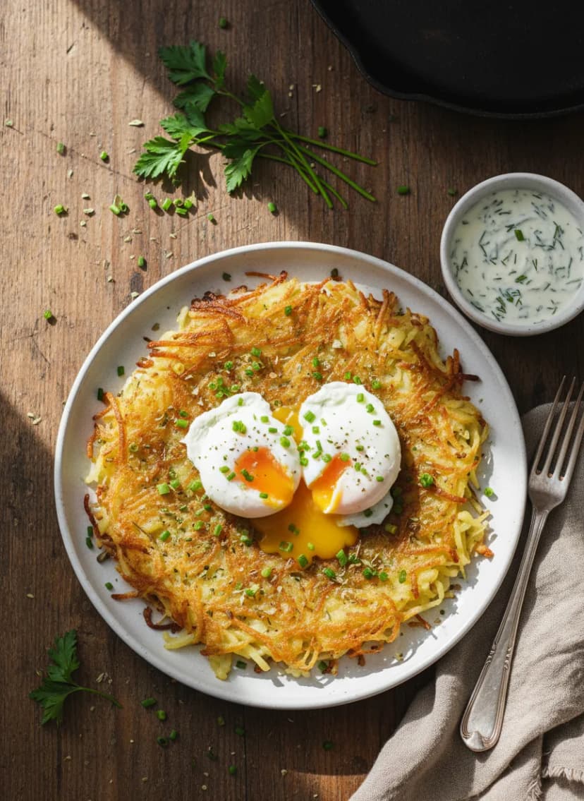 Rösti al estilo suizo con huevos escalfados a las hierbas