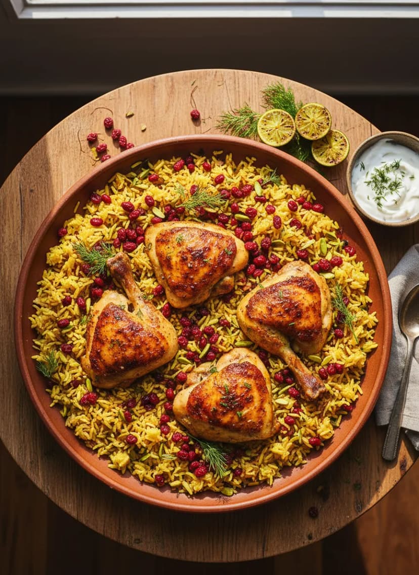 Arroz persa al azafrán con bayas y pollo asado