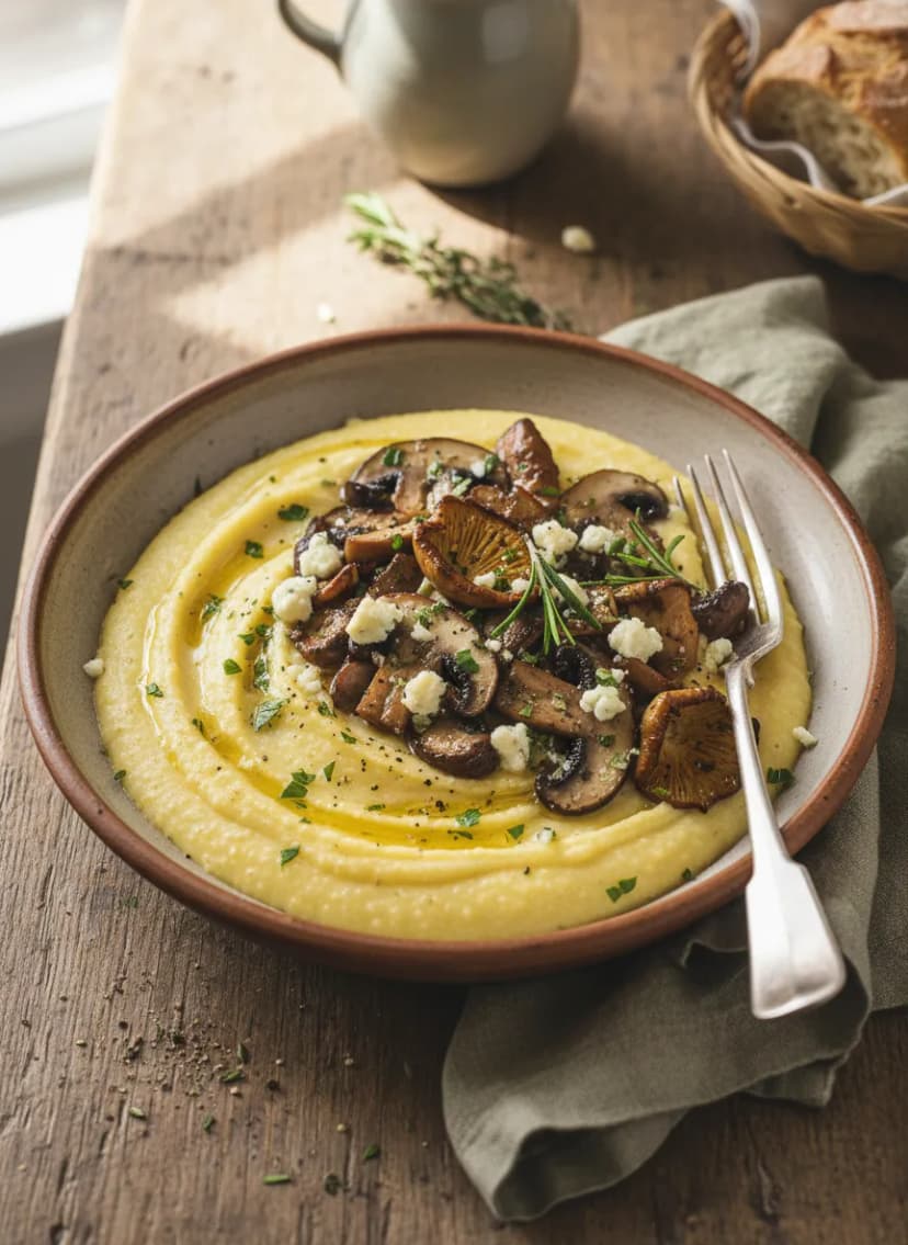 Polenta italiana con champiñones asados y gorgonzola