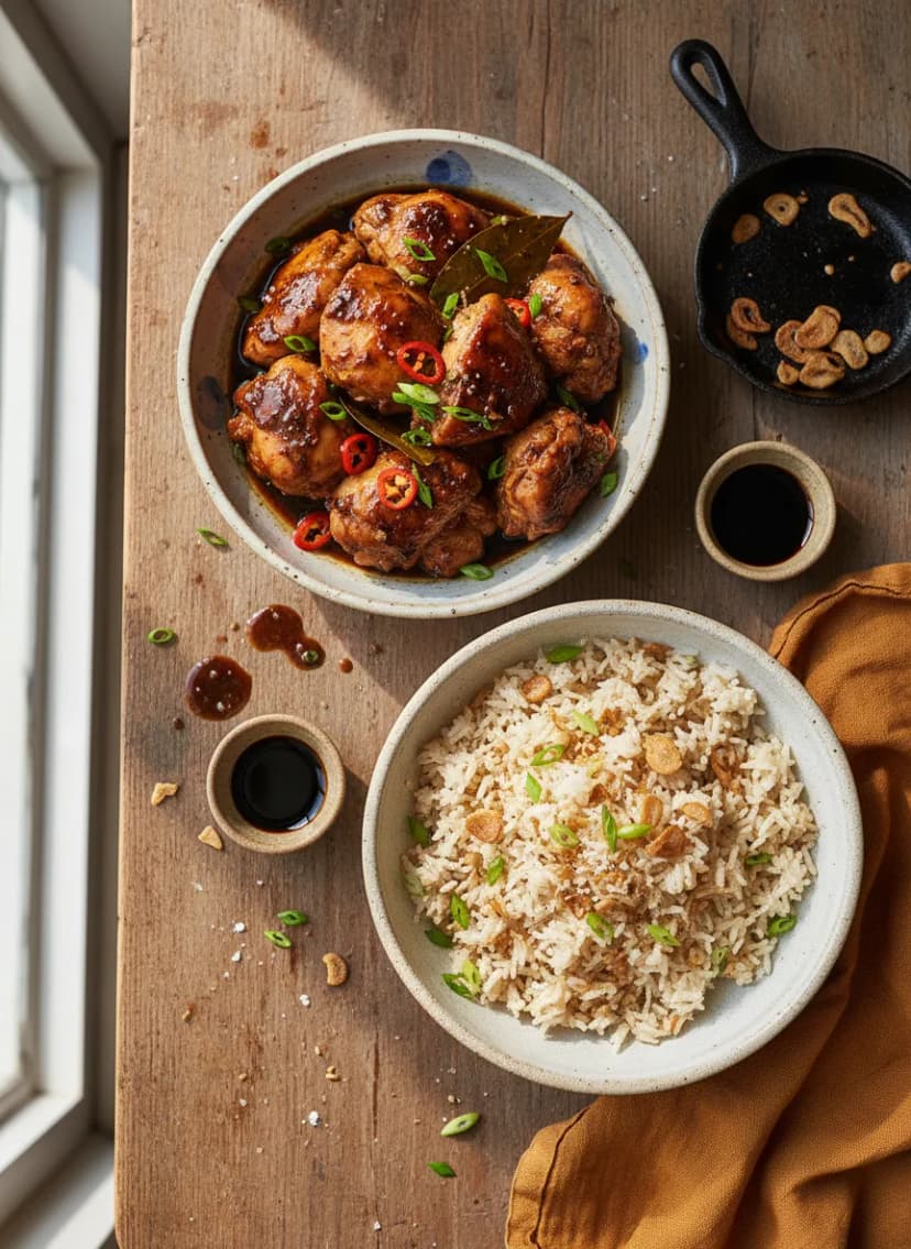 Pollo adobo filipino con arroz al ajo