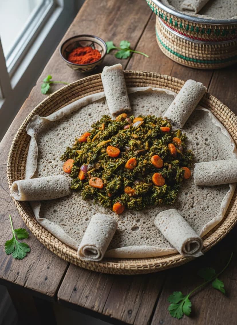 Gomen etíope con injera