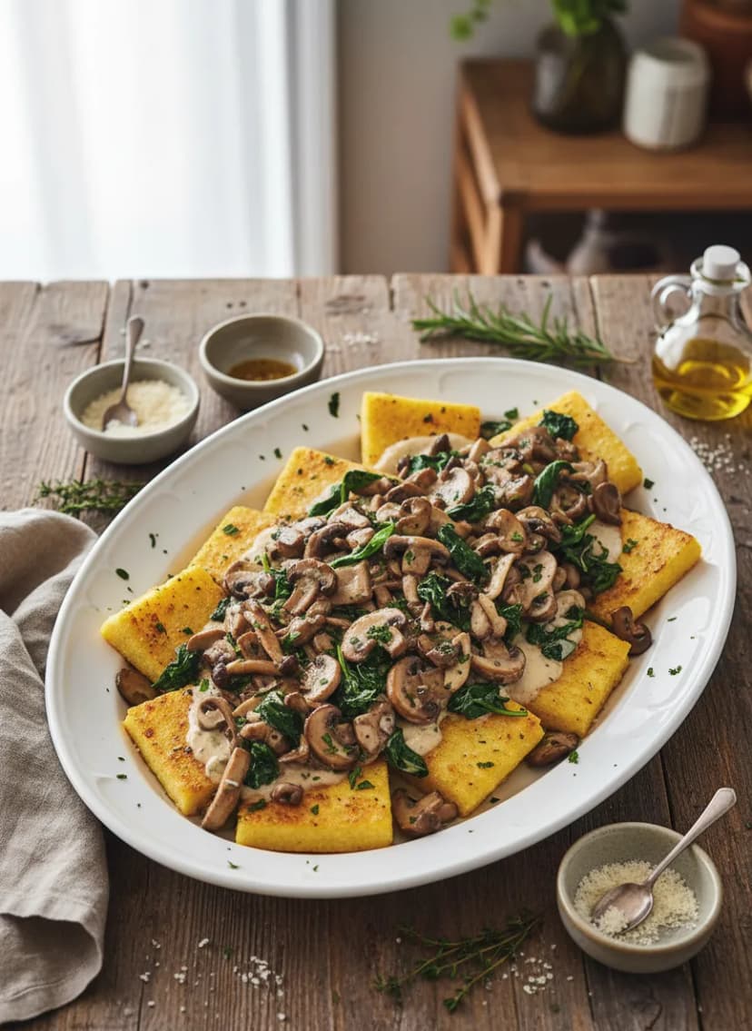 Cuadrados de polenta cremosos con champiñones y espinacas