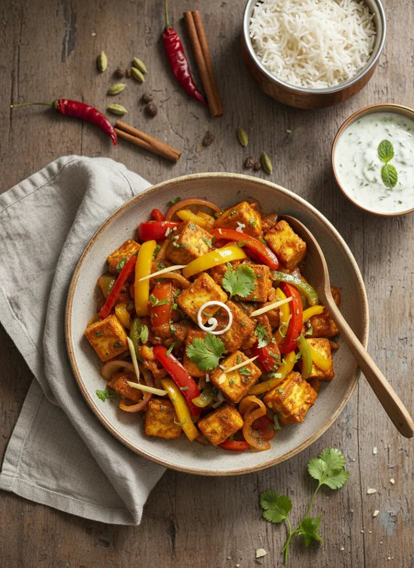 Jalfrezi vegetariano de paneer y verduras