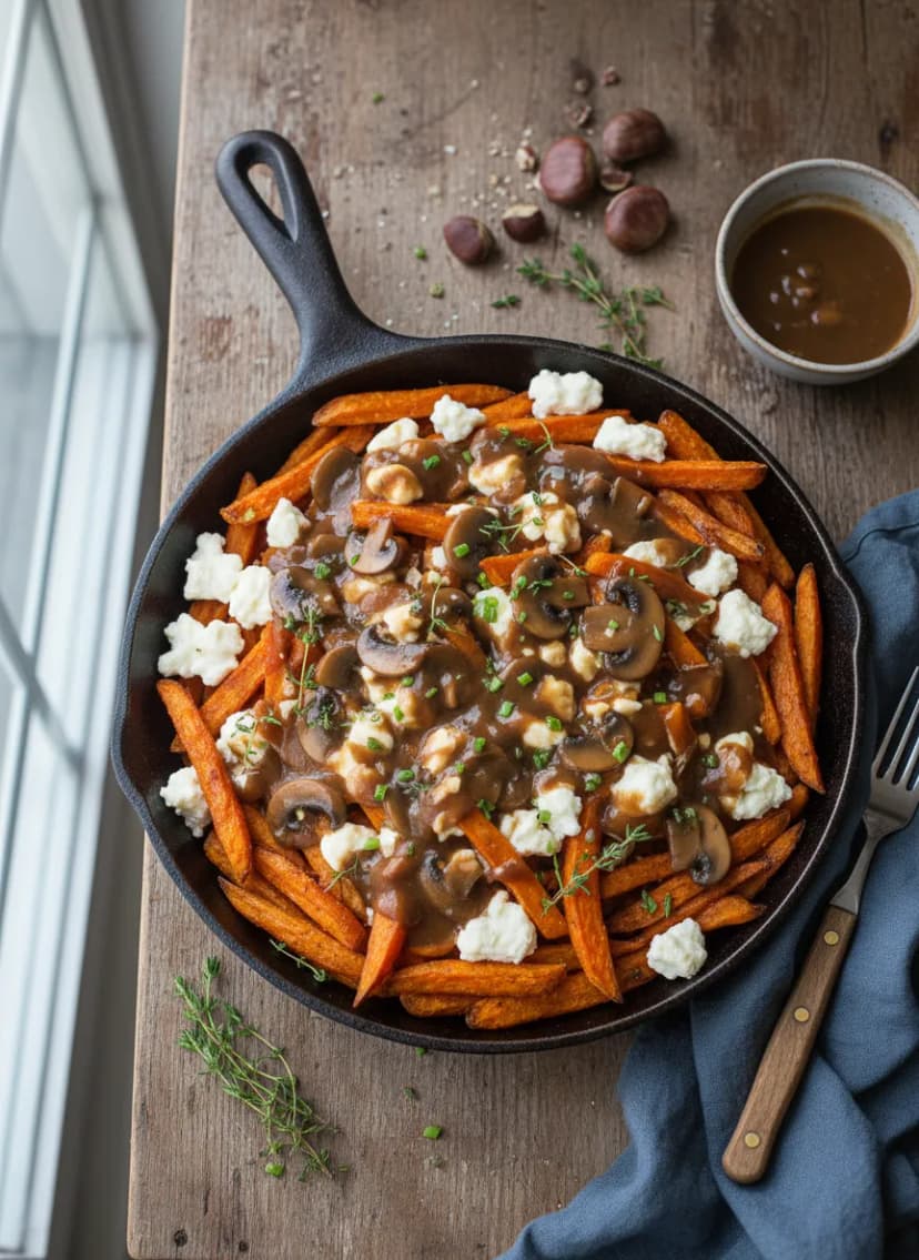 Poutine vegetariana con bastoncitos de boniato