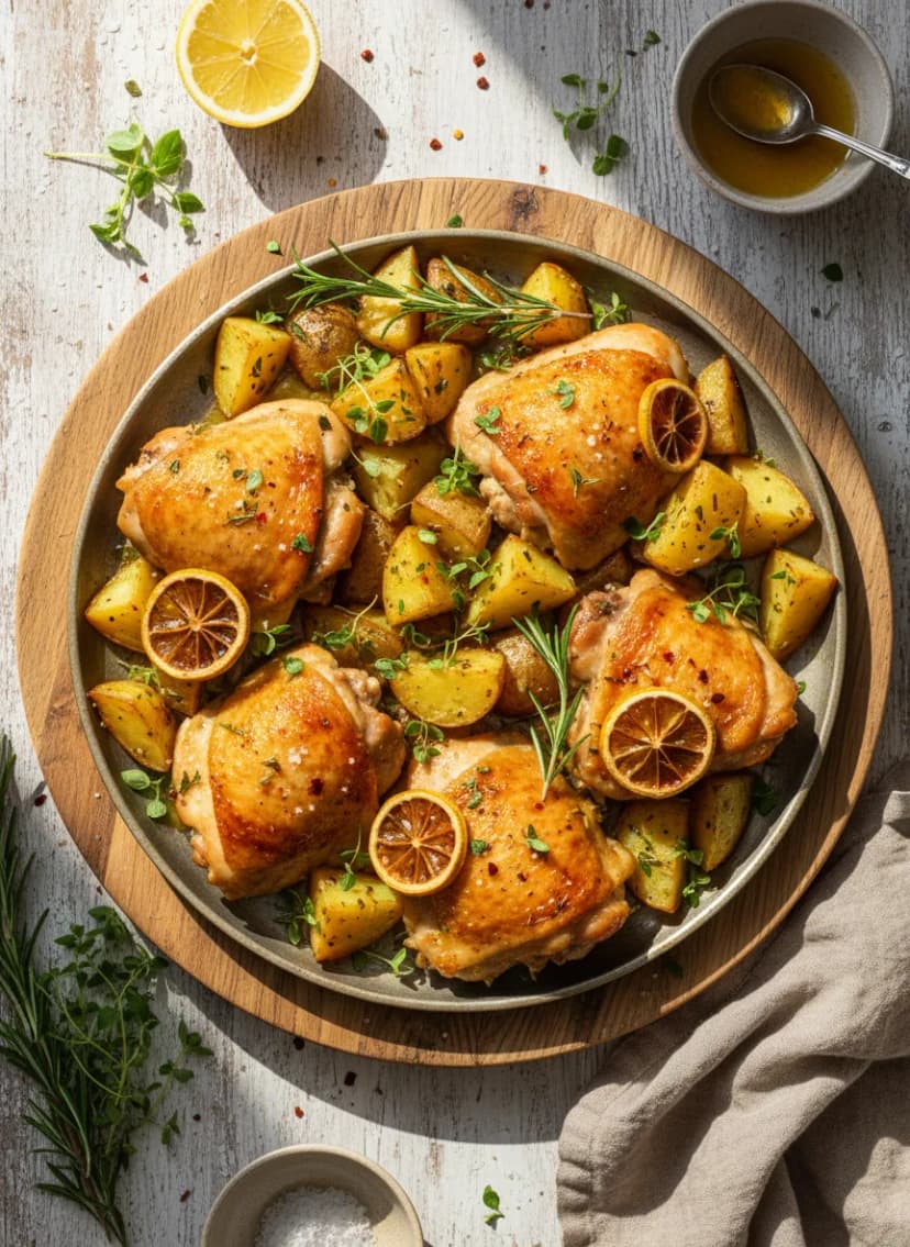 Pollo al limón y hierbas con patatas al horno italiano