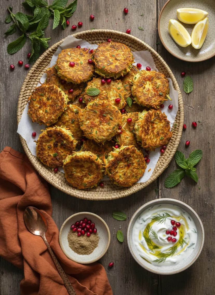 Tortitas especiadas de zanahoria y calabacín con yogur al ajo