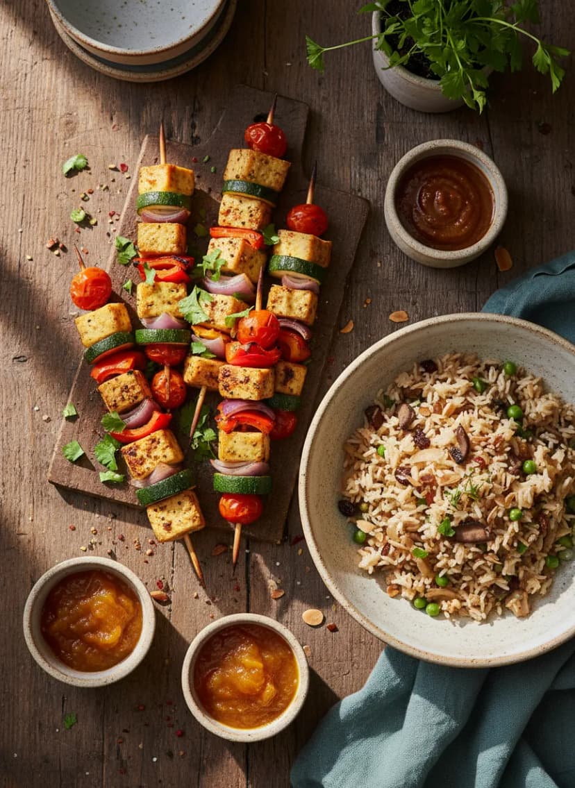 Brochetas de tofu y verduras al horno con arroz
