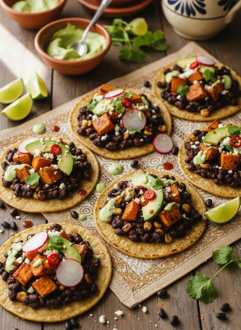 Tostadas mexicanas de frijoles negros y batata
