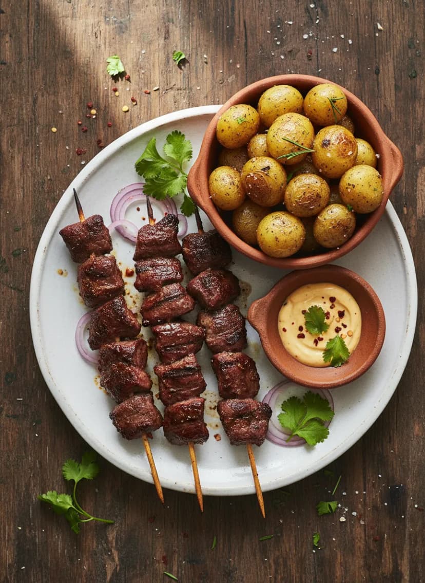 Anticuchos peruanos con patatas asadas
