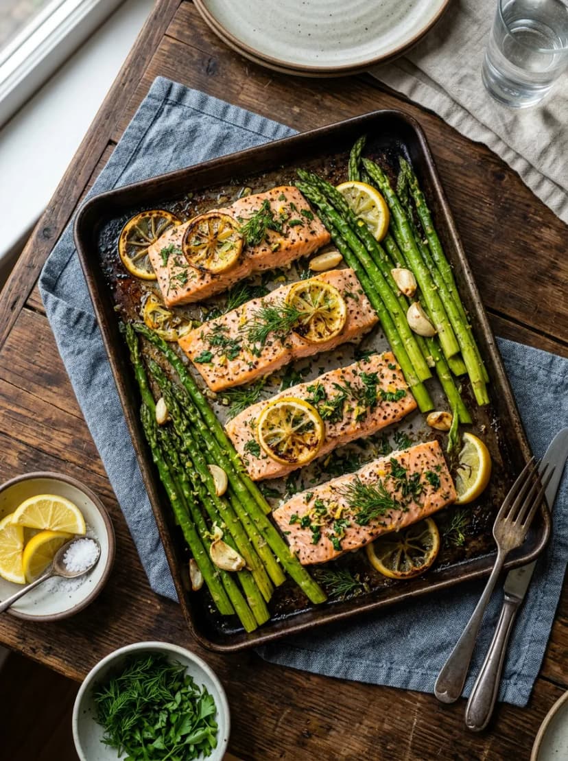 Salmón al Horno con Limón, Hierbas y Espárragos