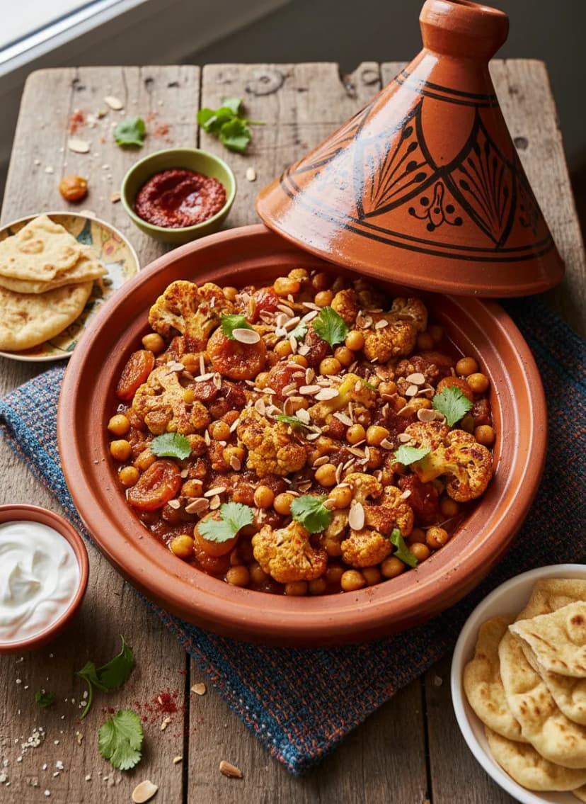 Tagine marroquí de coliflor asada y garbanzos