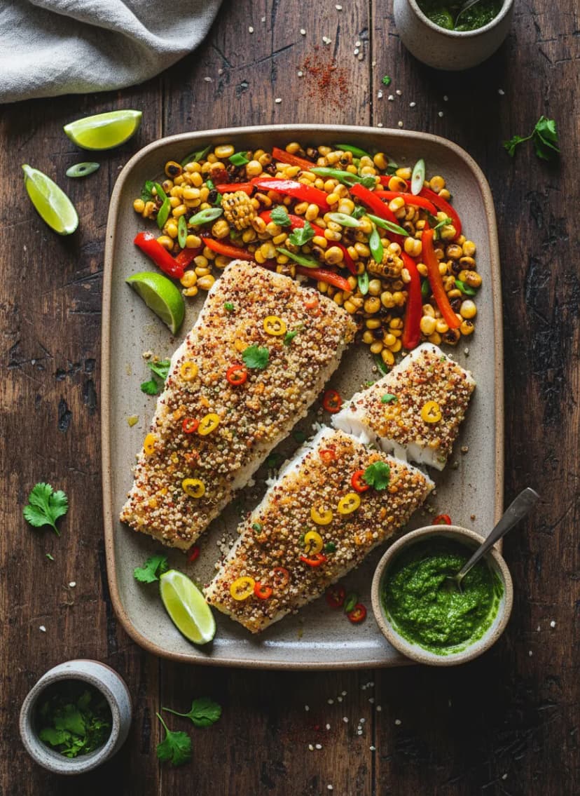 Pescado al horno con costra de quinoa peruana