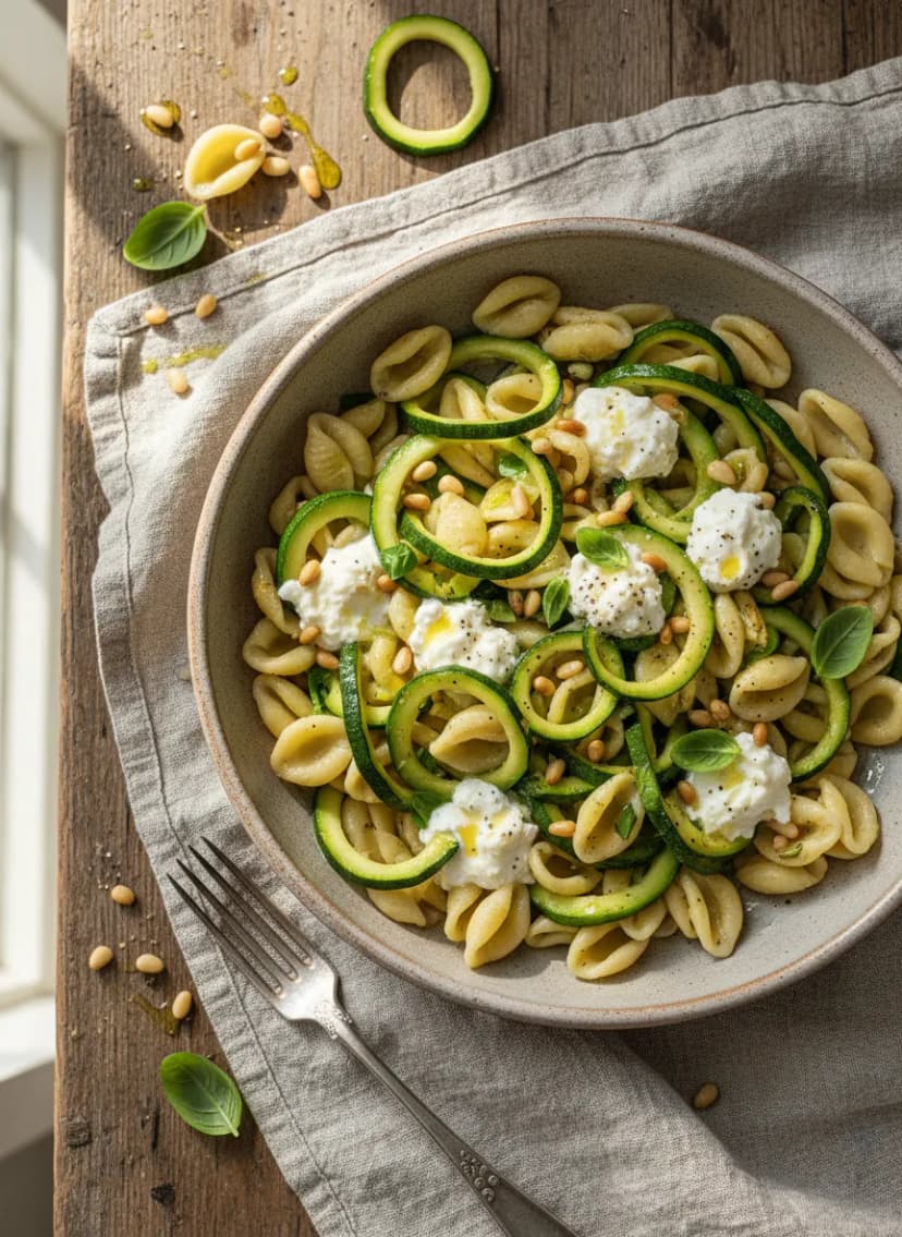 Orecchiette con cintas de calabacín y ricotta